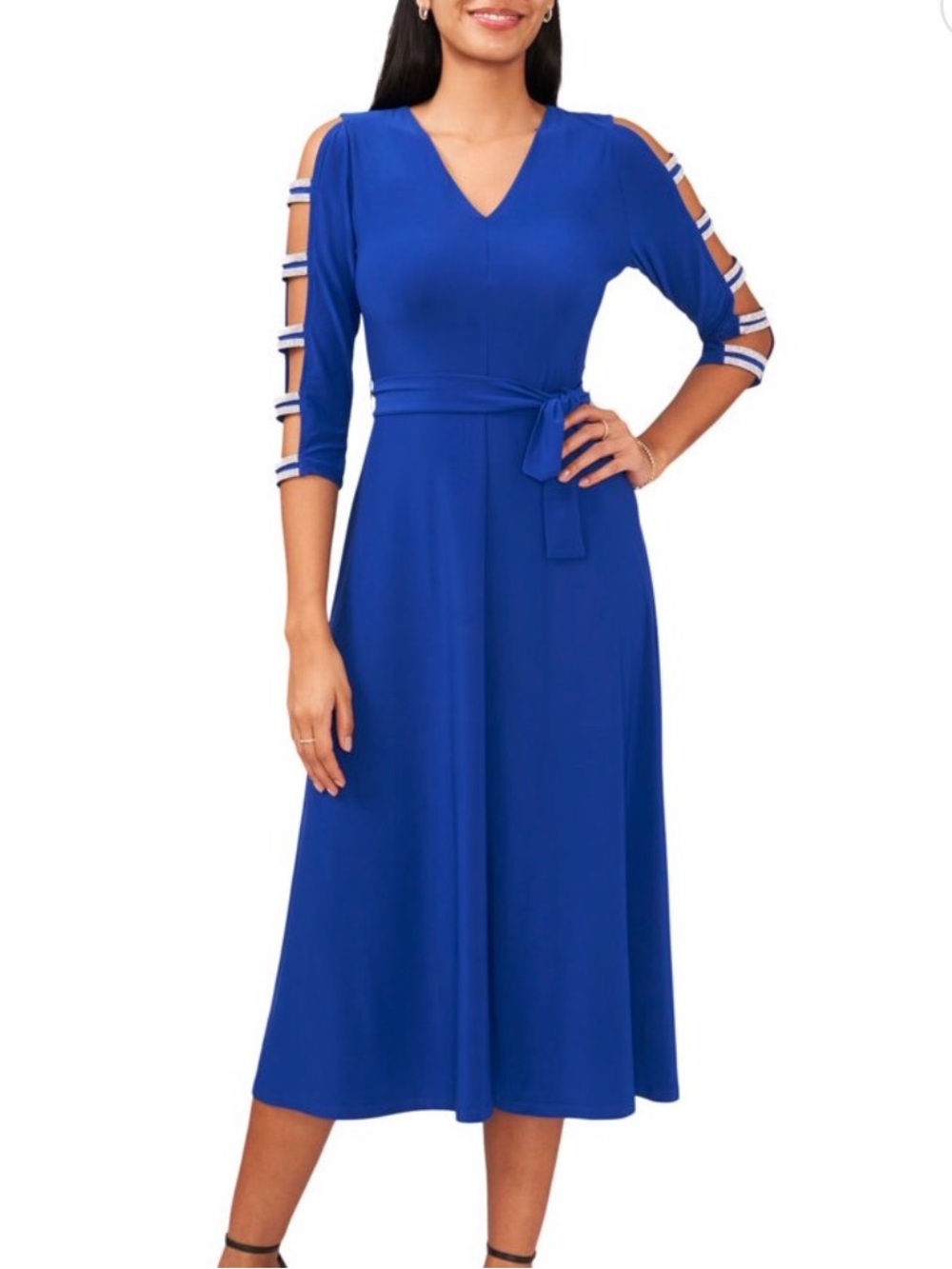 MSK Royal Blue Cold-Shoulder V-Neck Midi Dress with Waist Tie